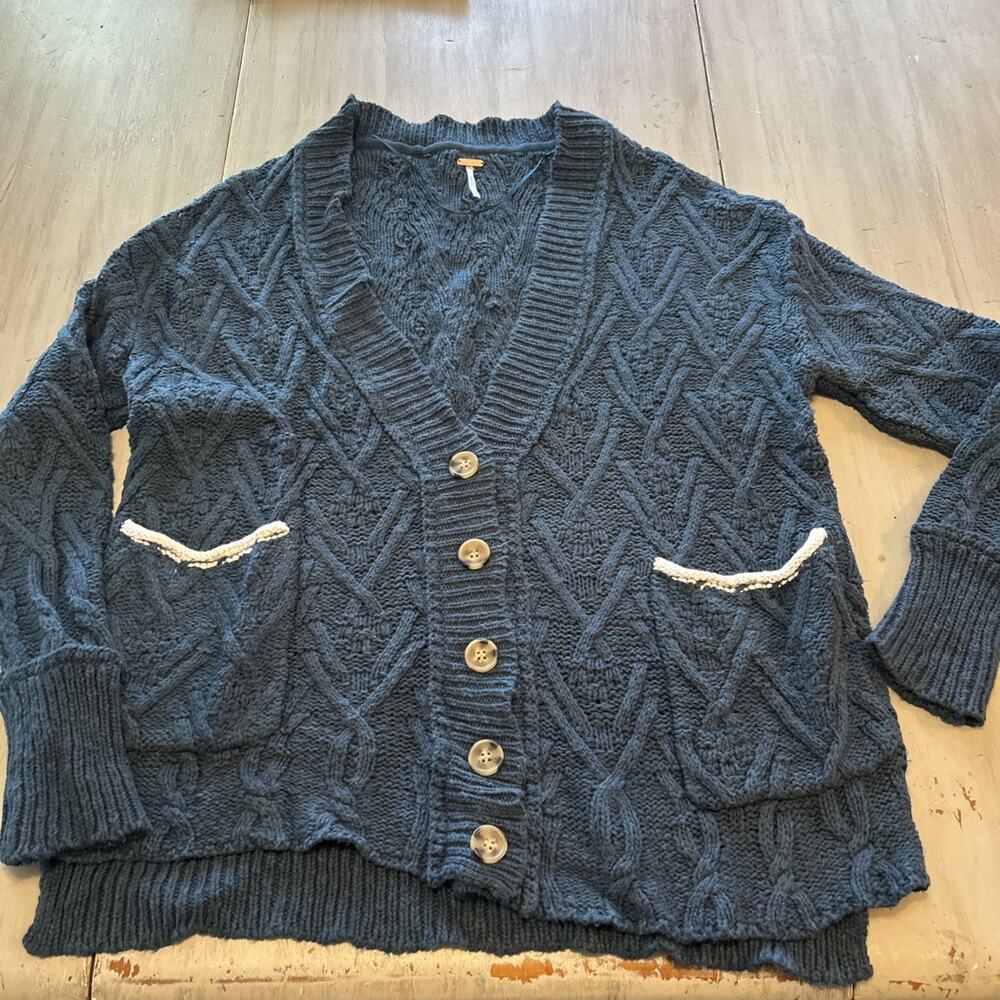 Free People Montana Cable Cardigan Women's S Blue Knit Button Up Oversized Boho